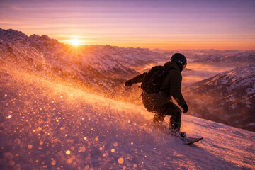 Snowboarder winter sport mountain sunrise powder snow action adrenaline adventure speed sunlight athlete carves down snowy mountain sunrise with glowing powder snow spray and warm sunlight over