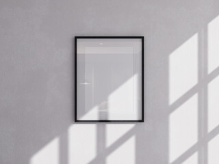 Photo Frame Hanging on White Wall with Sun Light Through Window 3D Render Isolated White for Mockup 1
