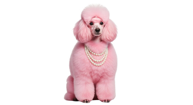 Pink poodle with pearl necklace isolated PNG on transparent background, fancy dog with fluffy fur for pet-related designs