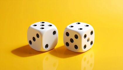 Two white six-sided dice with black dots placed on a bright yellow surface, showing numbers 4, 5, 6 on the left die and 3, 4, 6 on the right, symbolizing chance, probability, and gaming.