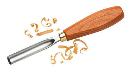 Wood carving gouge isolated PNG on transparent background, woodworking tool for crafts and DIY projects, with wood shavings