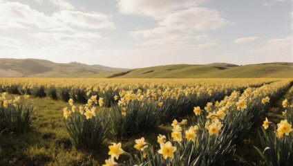 Fototapeta premium Vibrant field of daffodils under a cloudy sky, scenic landscape.