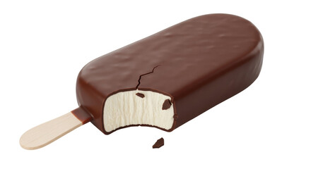 Chocolate covered ice cream bar isolated PNG, delicious frozen dessert with a bite taken out on transparent background