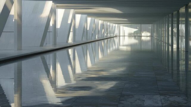 Serene Architectural Space Featuring Geometric Structures and Reflecting Water at Dawn Creating Tranquil Atmosphere