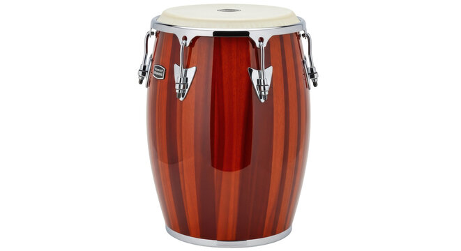 Wooden conga drum isolated PNG, percussion instrument with chrome hardware and natural skin head for Latin music and rhythm