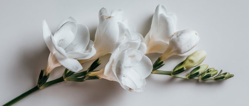 Single white freesia branch with open flowers and closed buds lying on a white background for botanical branding and elegant app design assets