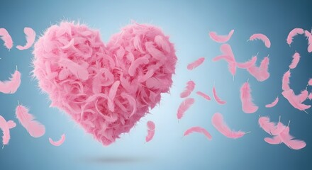 Obraz premium A heart shaped pink confetti on a blue gradient background with floating pieces