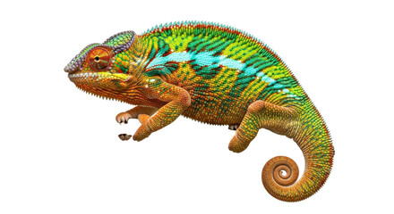 Fototapeta premium Colorful panther chameleon isolated PNG on transparent background, exotic reptile with vibrant skin pattern for wildlife and nature designs