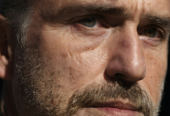 Fototapeta premium Man's face with intense expression and textured skin