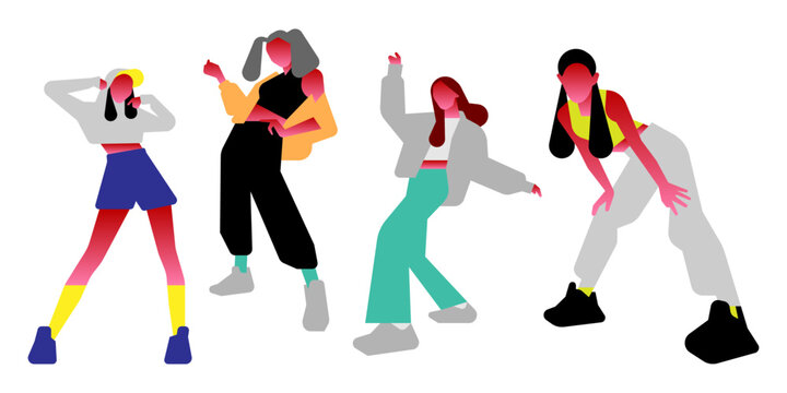 Group of trendy young women posing in stylish streetwear outfits, K-pop dance style characters, flat vector illustration.