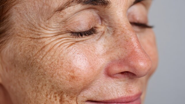 Middle aged woman's profile face featuring closed eyes, visible fine lines, wrinkles, crow's feet, pigment spots, and freckles, illustrating skin aging and texture