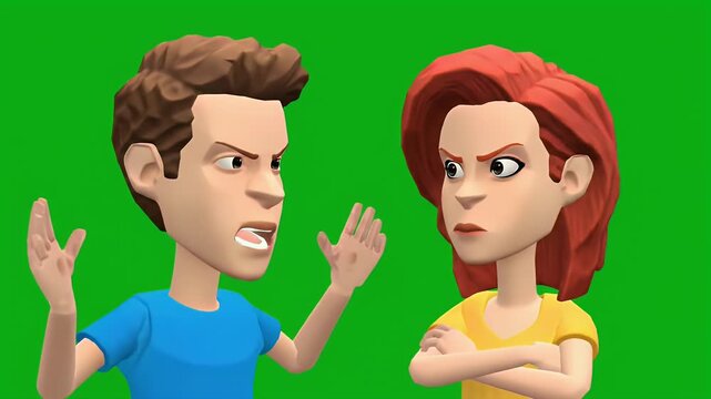 Animated couple arguing in conflict on a green screen. 3D cartoon characters fighting.