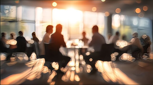 Blurry group of business professionals engaged in round table discussions during a corporate conference, collaborating with partners, and attending presentations in a modern conference room