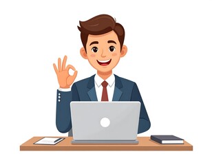 Man in suit with laptop and gesture, offering a perfect sign