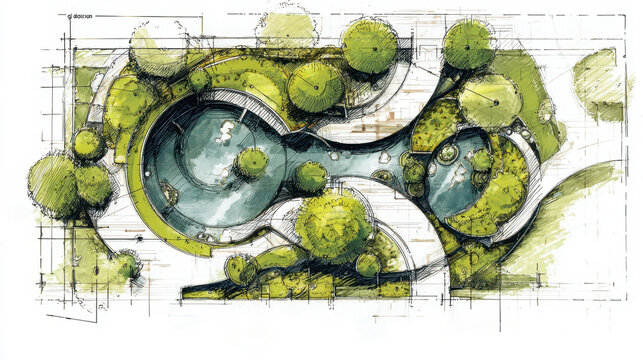 Hand drawn landscape design proposal showing a modern swimming pool with organic shapes. Surrounding planting areas. And architectural elements