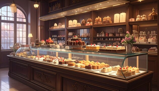 A cozy bakery display case filled with colorful desserts&mdash;pastries, cakes, and tarts topped with fruits like strawberries, cherries, and kiwi&mdash;set in a warm interior with wooden shelves and jars.