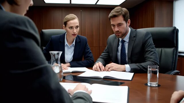 Corporate team negotiating terms. A mediating human reviews the contract with clients in a boardroom.