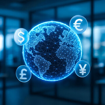 Blue digital world map hologram with golden currency symbols