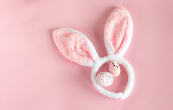 Rabbit Ears Close Up on Pink Pastel Background, Easter Holiday Template
