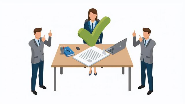 Mediating Human: Animated business conflict resolution with two arguing men and a female arbitrator.