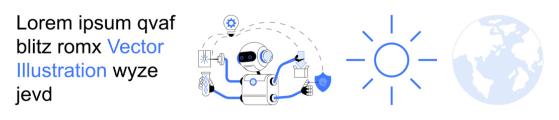 Naklejka premium Artificial intelligence, energy efficiency, global connectivity, eco-friendly technology, sustainable innovation, renewable resources. A robot with digital elements, sun and globe. AI and energy