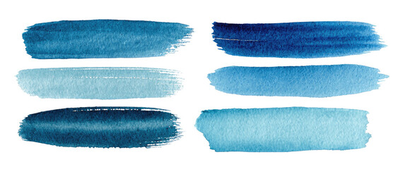 Six watercolor brush strokes in shades of blue, arranged in two columns