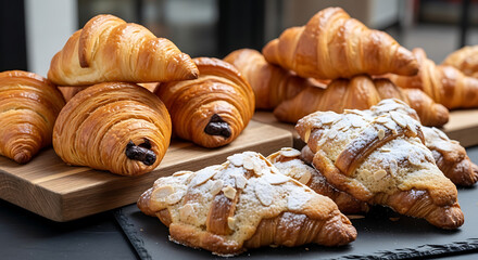 Freshly baked croissants dusted with powdered sugar on a rustic wooden board.