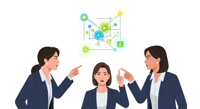 Corporate Blame and Accountability Concept. Businesswomen Pointing Fingers at Colleague over Complex Strategy and Data Network.