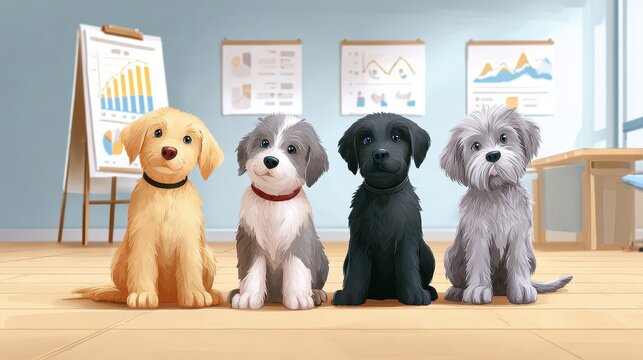 Four adorable animated puppies of various breeds sit together in a room filled with charts and graphs, exuding charm and friendliness.