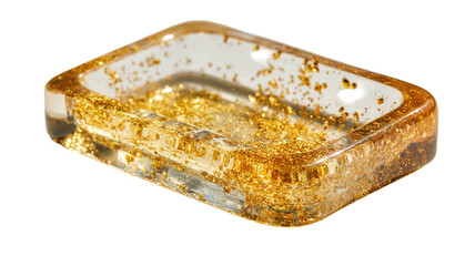 Rectangular clear tray with golden flakes embedded within its resin structure