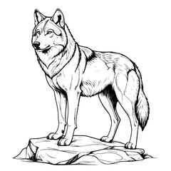 Majestic Wolf Line Art Illustration Standing on Rock