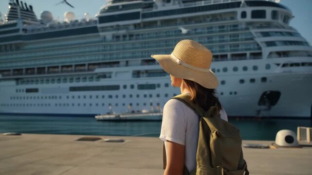 Woman stands at a port looking at a large cruise ship on a sunny day with a backpack and straw hat