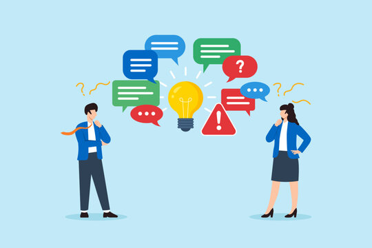Flat illustration of business colleagues confused by mixed chat bubbles around lightbulb idea with warning sign