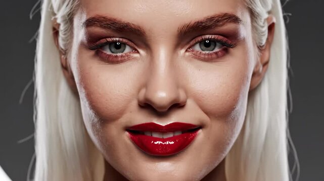 Woman closeup applying red lipstick in beauty sequence. From bare natural lips to glossy bold finish. Makeup transformation concept for cosmetic tutorial and enhancement