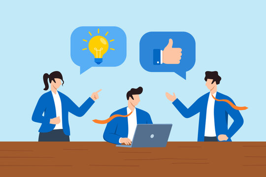 Flat illustration of supportive team members encouraging colleague by sharing lightbulb idea through chat bubbles with thumbs up