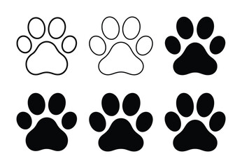Collection of Six Paw Print Icons: Outline and Solid Black