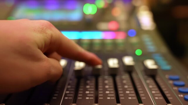 Hand moves fader up on a digital mixing console with colorful LED bokeh, adjusting volume during live recording or broadcast in a studio control room.