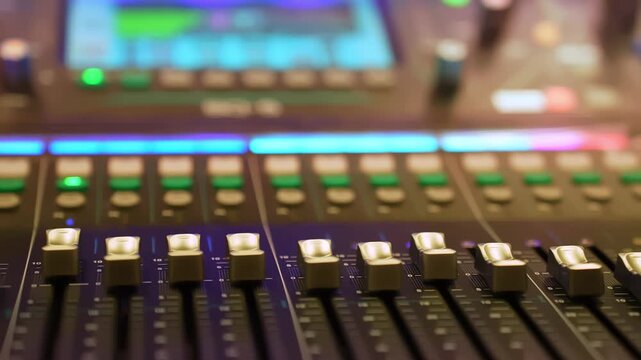 Slow right pan across a digital audio mixing console with faders, knobs and glowing LED meters, shallow depth of field. Studio sound engineering and broadcast production concept.