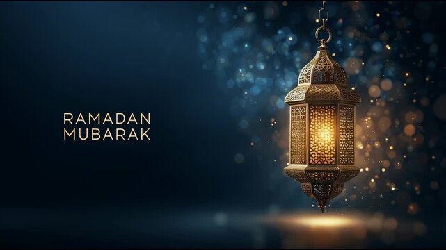 Ramadan Mubarak Greeting with an Ornamental Lantern and Sparkling Bokeh Background