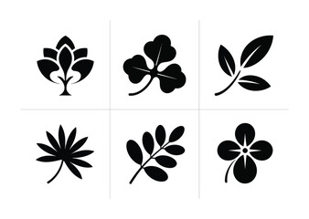 Collection of six stylized black leaf and plant icons on a white background
