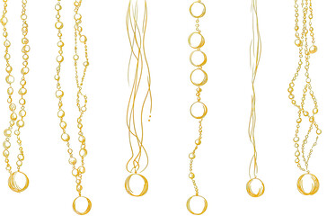 Six gold chains hang vertically, each with a slightly different design