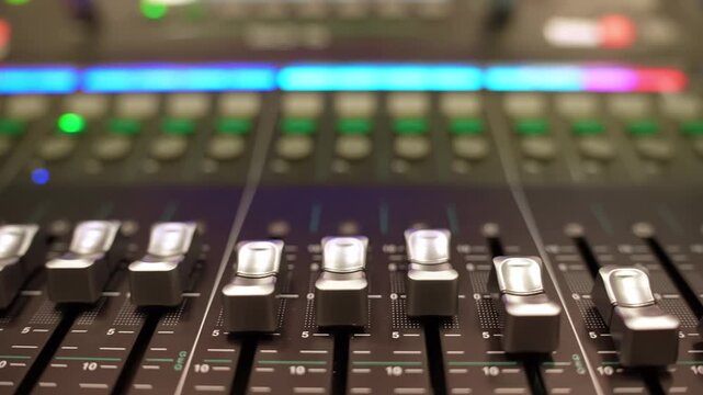 Wide close-up of an audio desk with multiple channel faders and glowing LED indicators, creating soft bokeh. Professional recording and broadcast control surface in a studio environment.