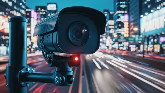 Closeup of security camera mounted on pole overlooking neon-lit city street at night. Surveillance device activates with red light in sequence. Urban monitoring technology in bustling metropolis for