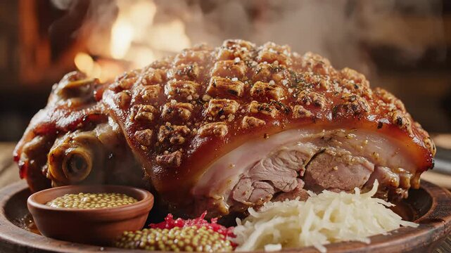Crispy Roasted Pork Knuckle with Mustard and Sauerkraut