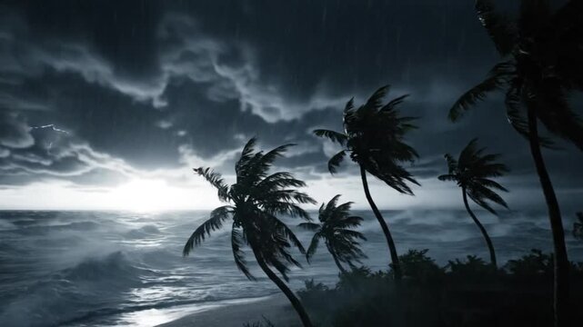 Dramatic stormy weather on a tropical beach with palm trees swaying violently in strong winds and heavy rain, dark clouds gathering and lightning illuminating the turbulent ocean waves.