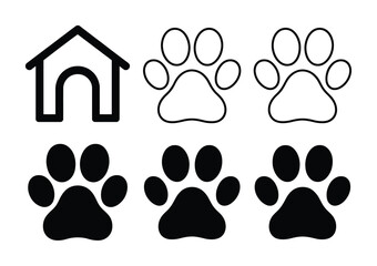 Dog House and Paw Print Icons - Black and White Vector Graphics