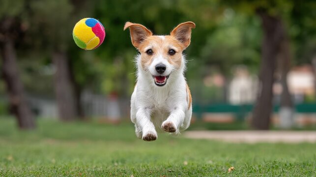 A playful dog leaps joyfully in a park, chasing a colorful ball, embodying happiness and energy in a vibrant outdoor setting.