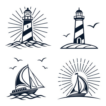 Four nautical images depicting a lighthouse, a ship, a sunrise, and a sailboat. Vector