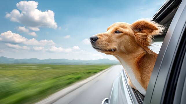 A happy dog enjoys the breeze, leaning out of a car window, with a picturesque landscape of green fields and blue skies in the background.