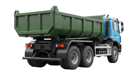 Green and blue dump truck PNG isolated on transparent background, heavy construction vehicle for material transport and industrial use © Jn